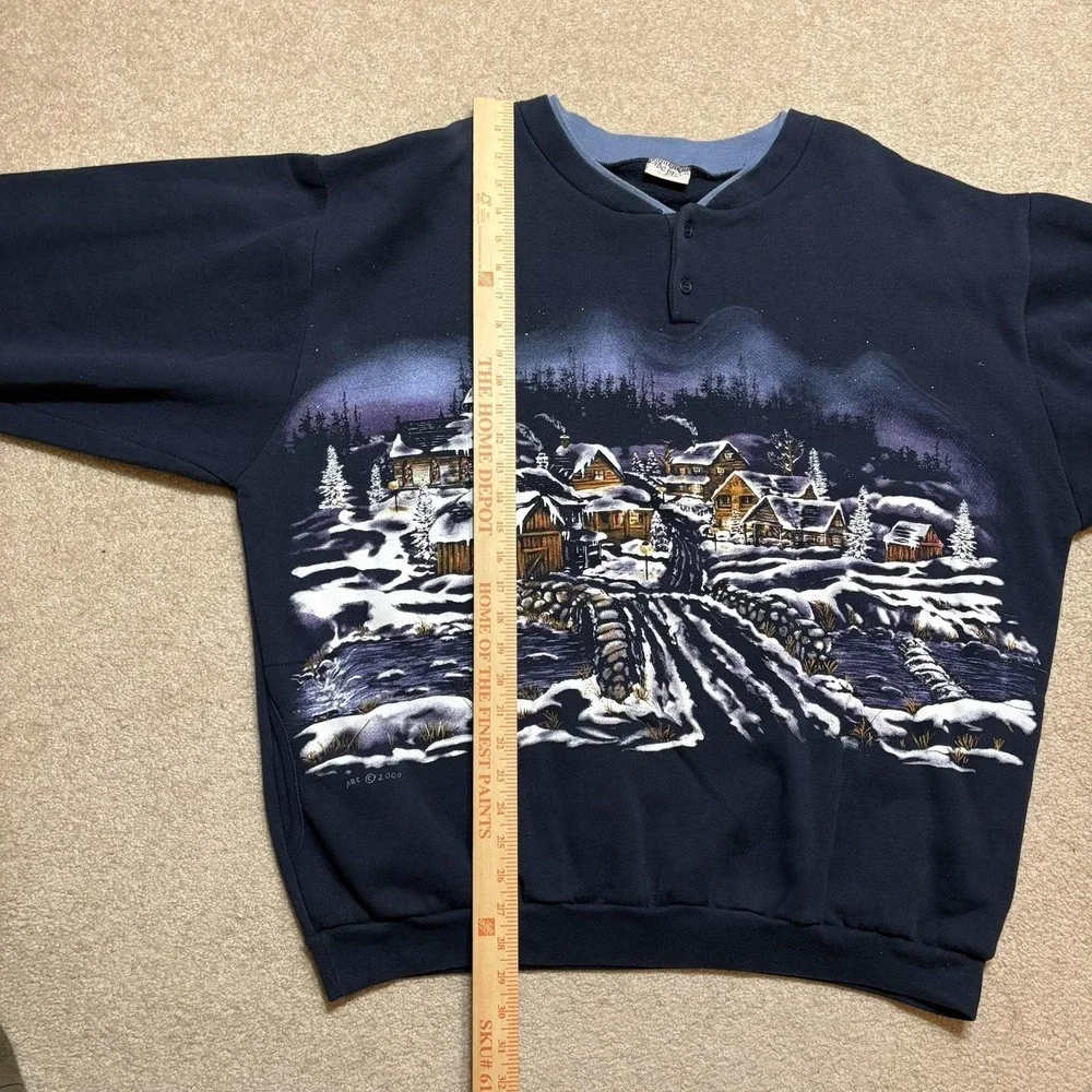 Vtg Winter Village AOP Sweatshirt Mens 2XL Blue Henley Christmas Snow Scene Cozy